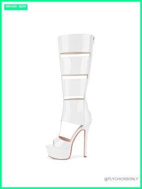 Gladiator Knee High Peep Toe Stiletto Platform Sandals Faux Leather